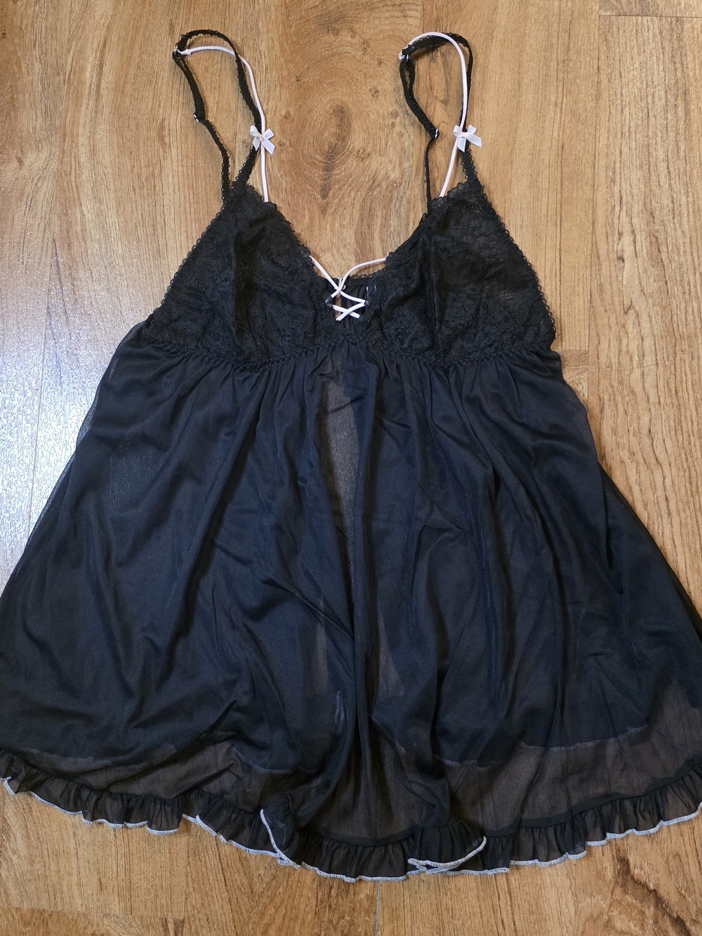 Victoria's Secret Black Sheer Mesh Lace Pink Chemise Top